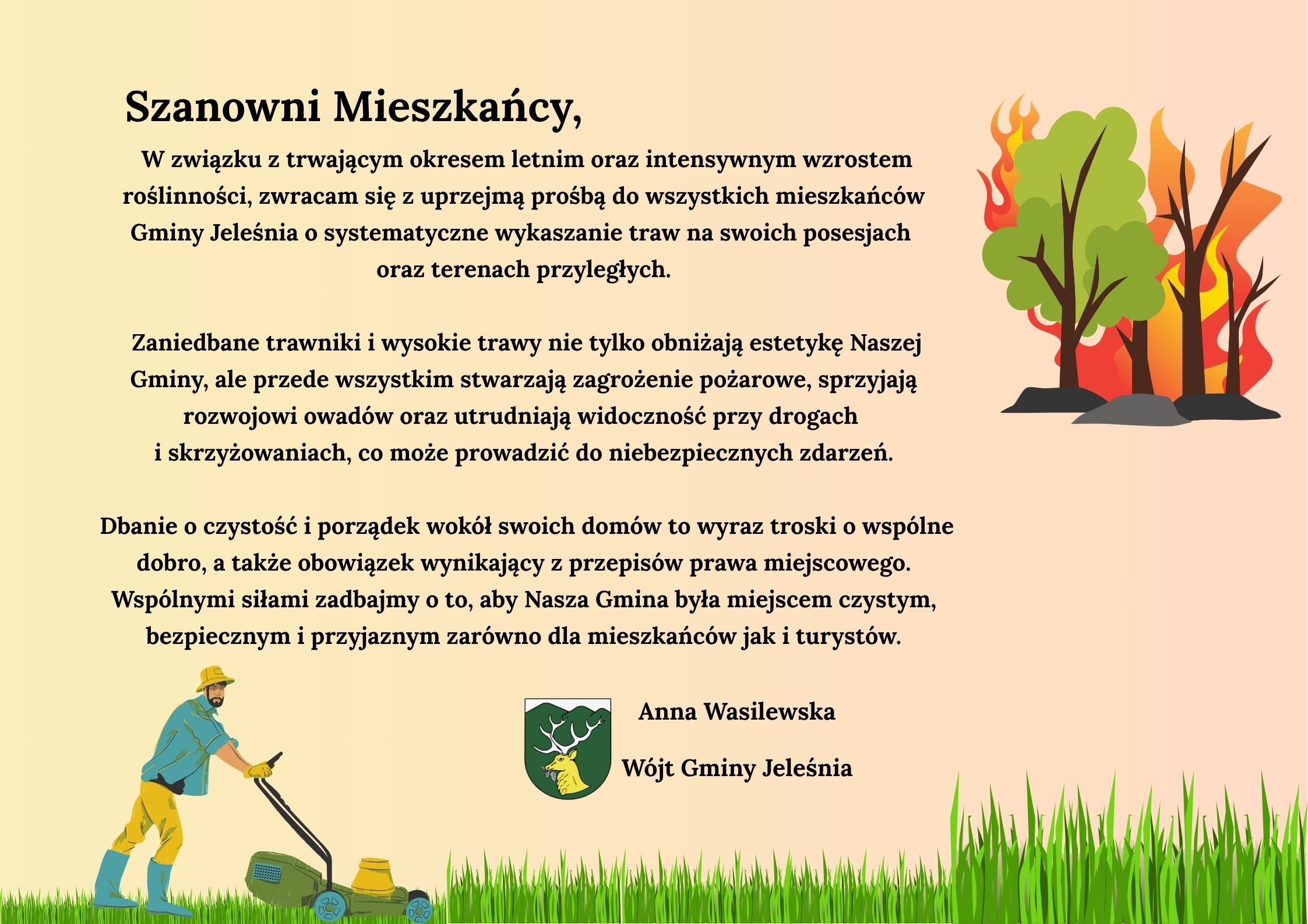 Szanowni Mieszkańcy W związku z trwającym okresem letnim oraz intensywnym wzrostem roślinności, zwracam się z uprzejmą prośbą do wszystkich mieszkańców Gminy Jeleśnia o systematyczne wykaszanie tr.jpg