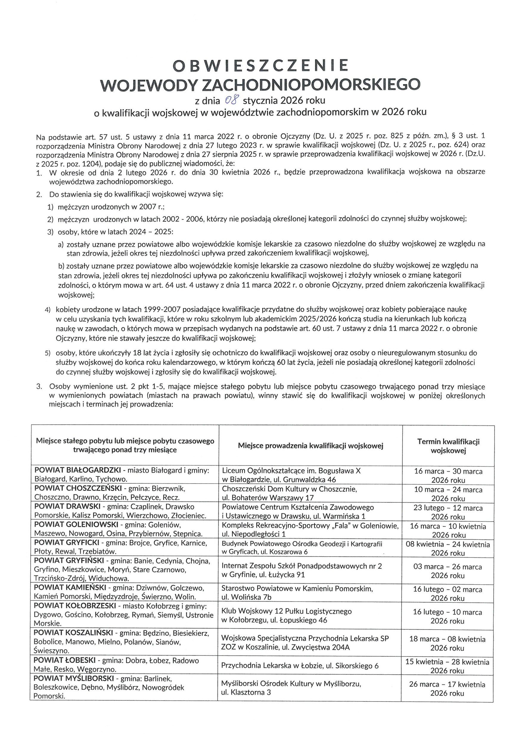 Obwieszczenie Wojewody Zachodniopomorskiego o kwalifikacji wojskowej w woj.jpg