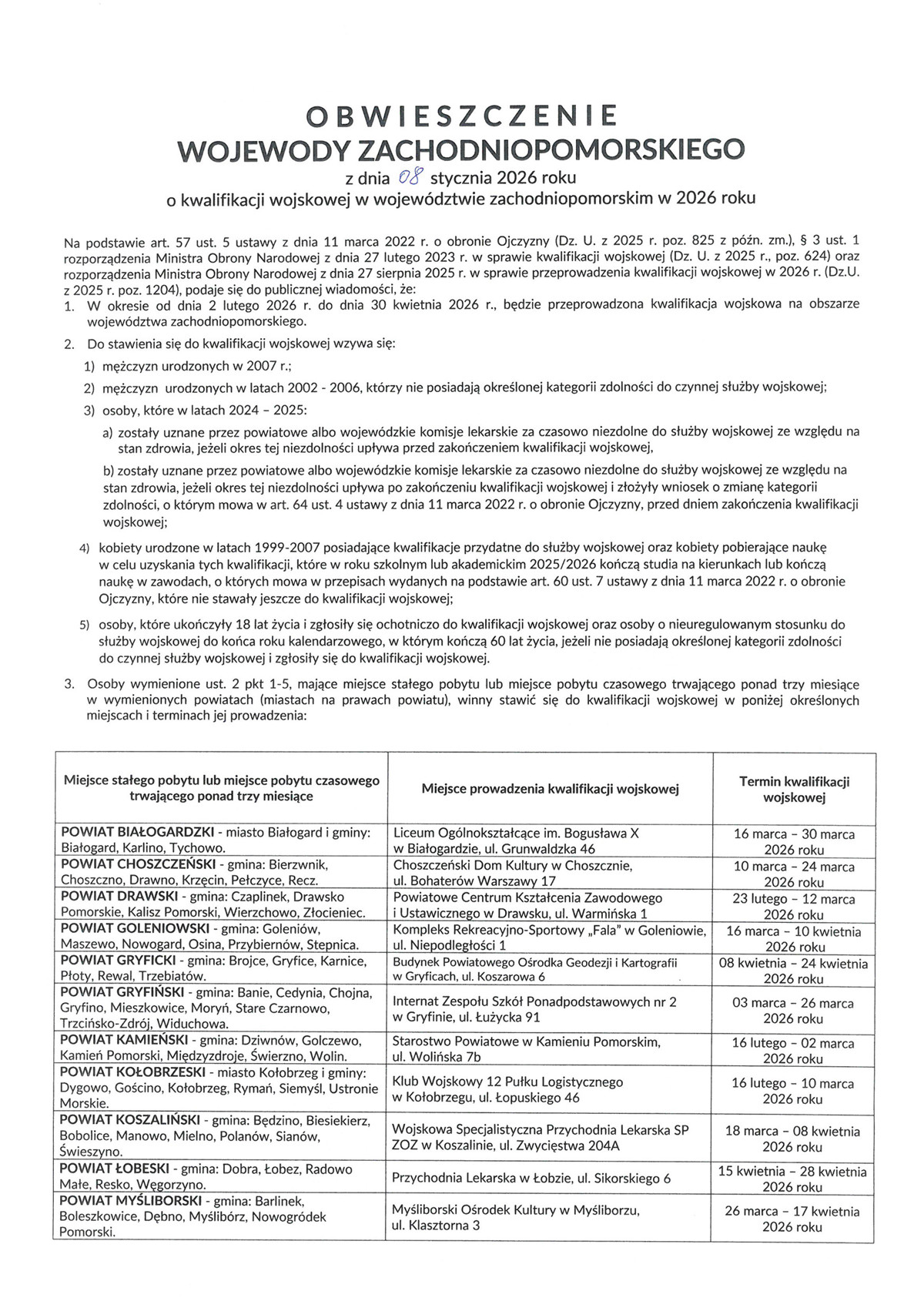 Obwieszczenie Wojewody Zachodniopomorskiego o kwalifikacji wojskowej w woj.jpg
